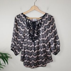 Alice & Trixie | Silk Cream & Black Lace Print 3/4 Sleeve Blouse Size XS